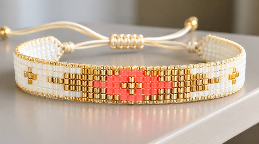 Armband 5 - Reihig Beige und leuchtendes Rosa